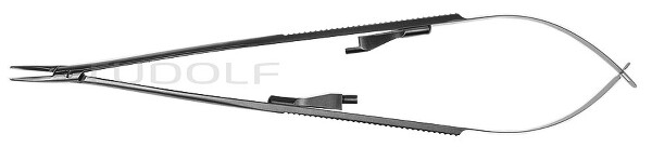 RU 5853-18G / Needle Holder Microgrip, Stand., Flat Hdl. Cvd., W. Ratchet, 18cm, 7"