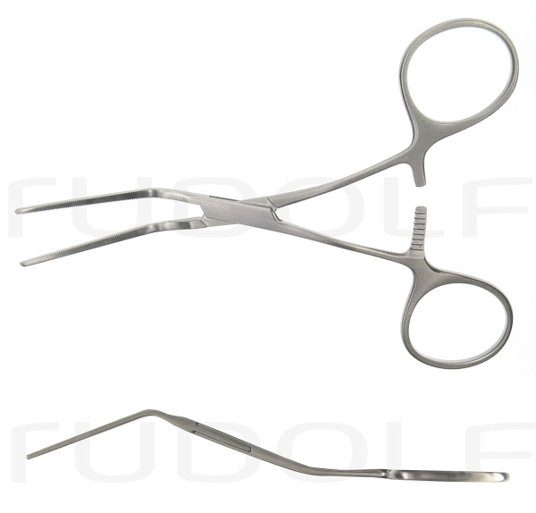 RU 7754-14 / Ring Handle Bulldog Clamp Cooley, Atr., Upwards Ang., Shanks Cvd., 12,5 cm - 5"